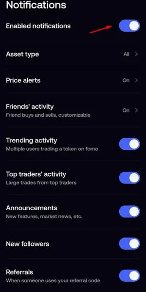 The FOMO app's notification settings: toggles for price alerts, friends' activity, trending activity, top traders' activity and referrals