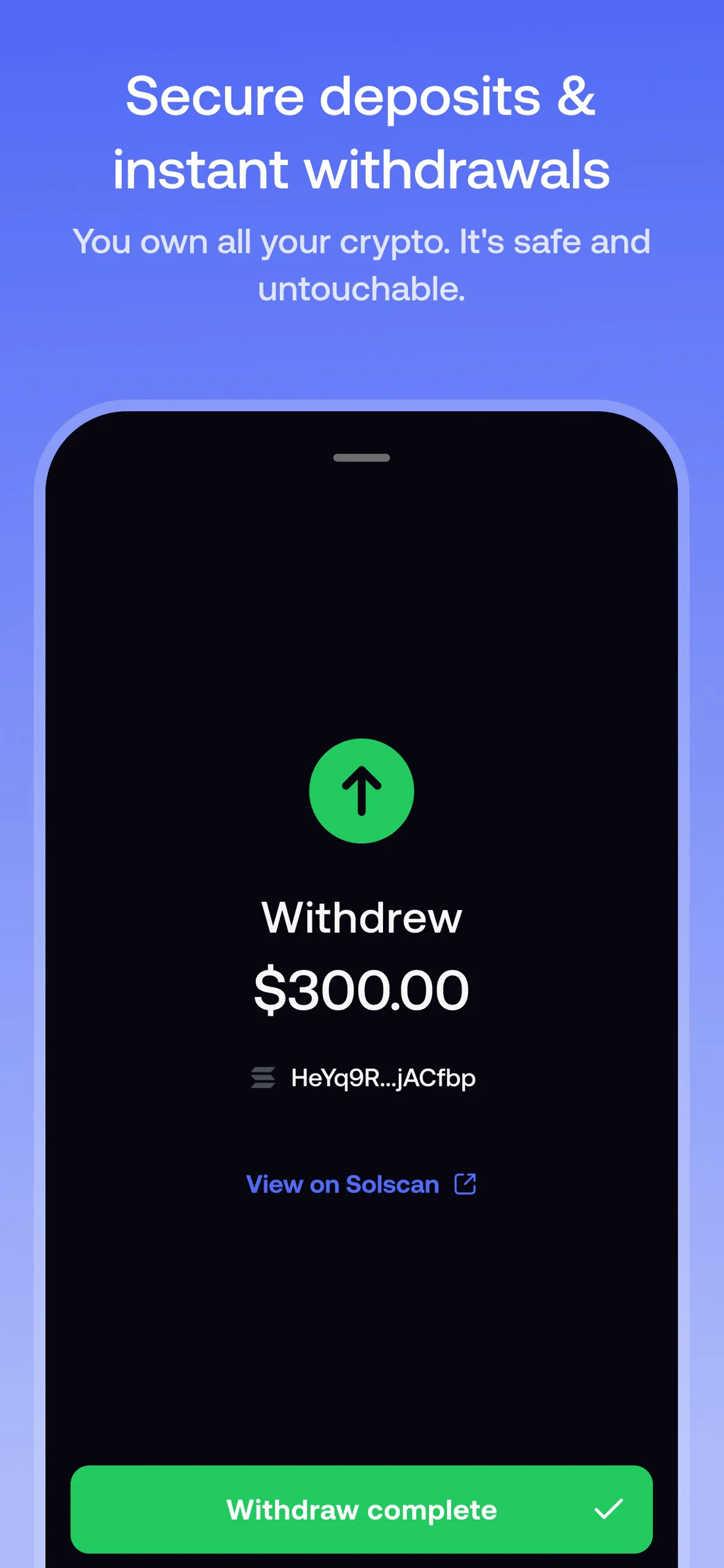 FOMO's official App Store screenshot of a completed $300 withdrawal, with the destination Solana address and a View on Solscan link