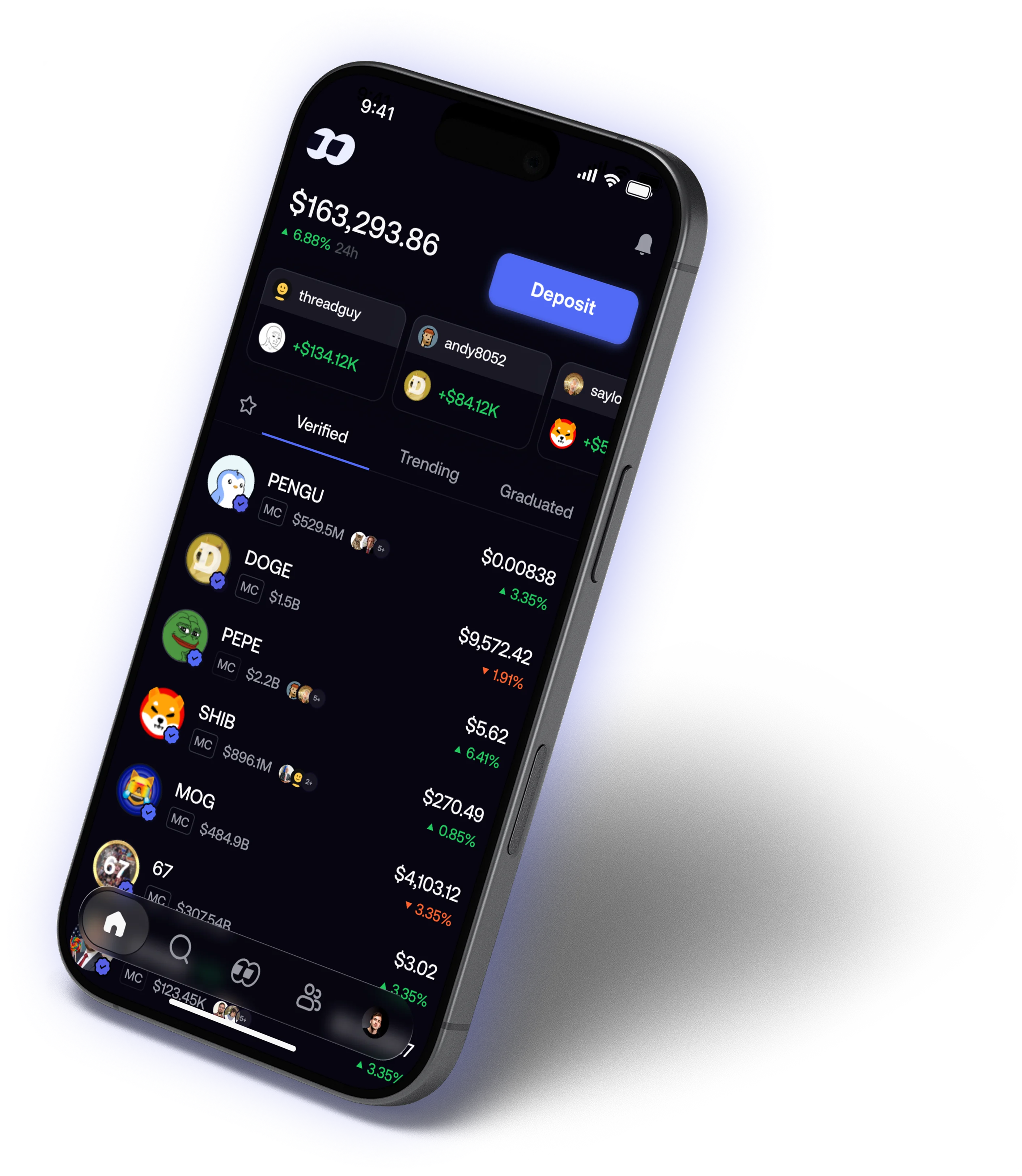 The FOMO trading app showing a portfolio and trending memecoins