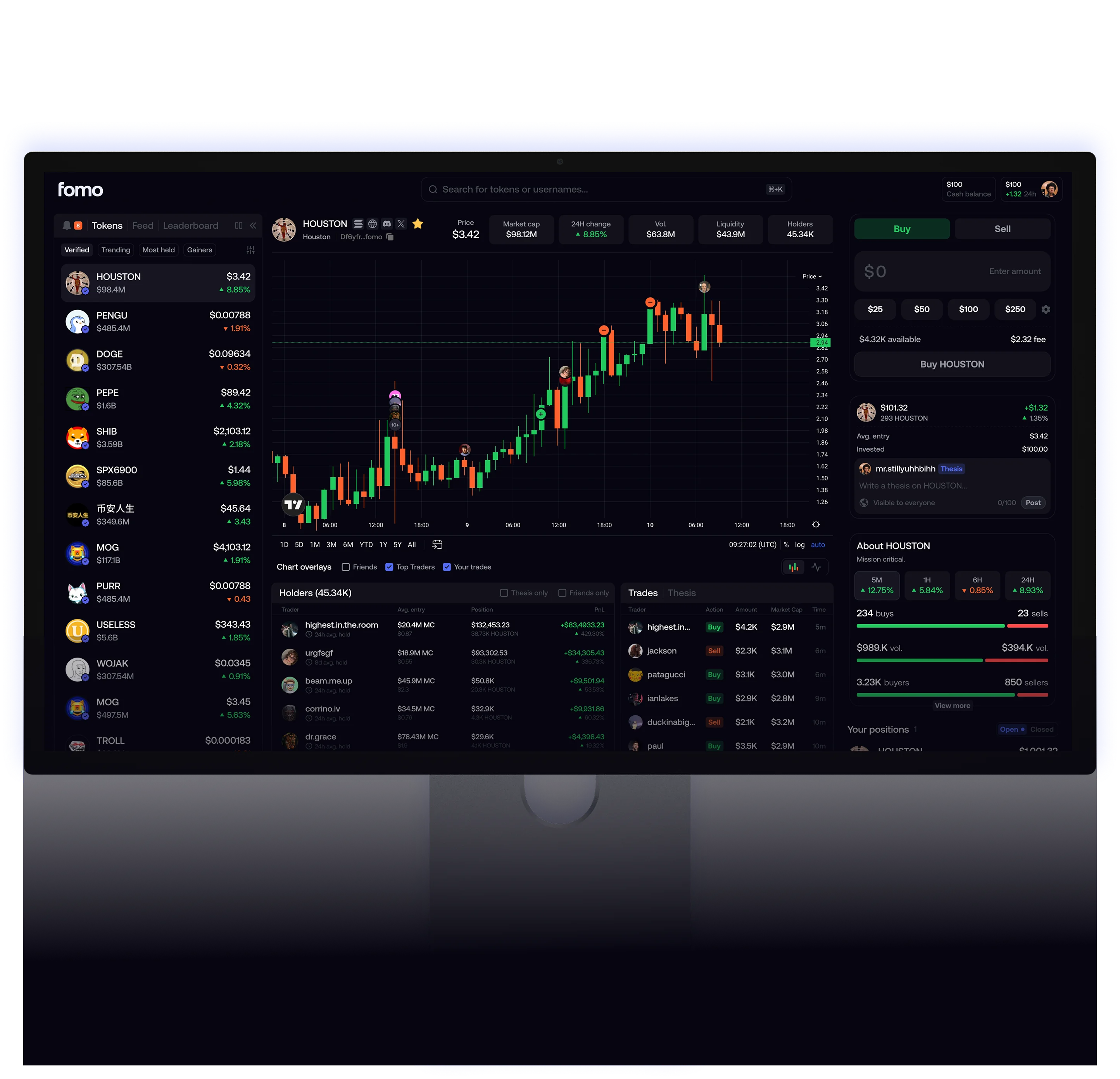 The FOMO web platform: live chart, token list, social trades and one-tap buy panel