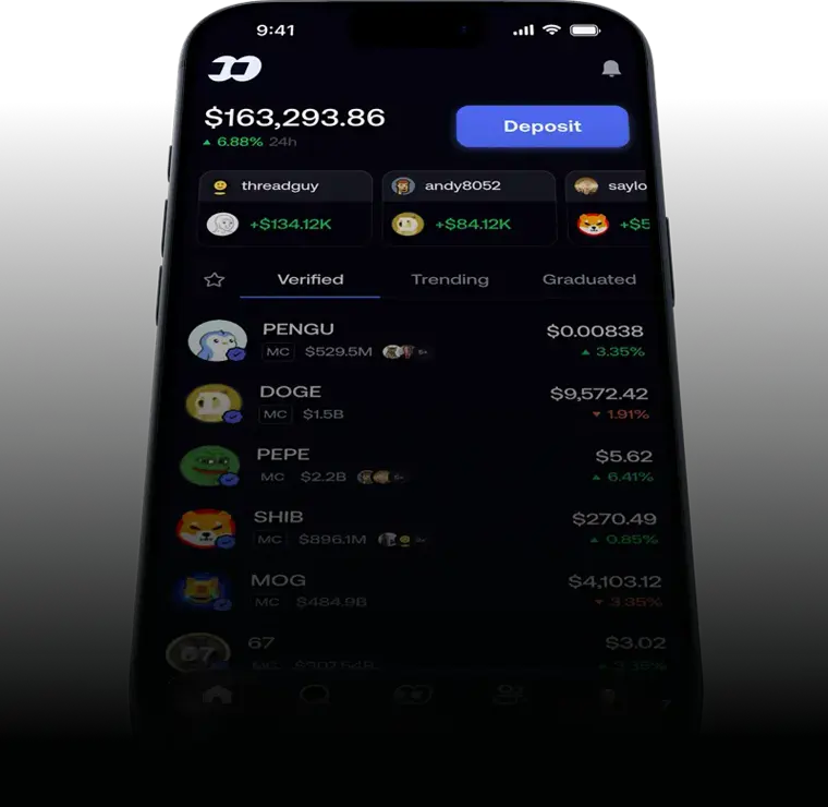 FOMO mobile app showing the trending token list