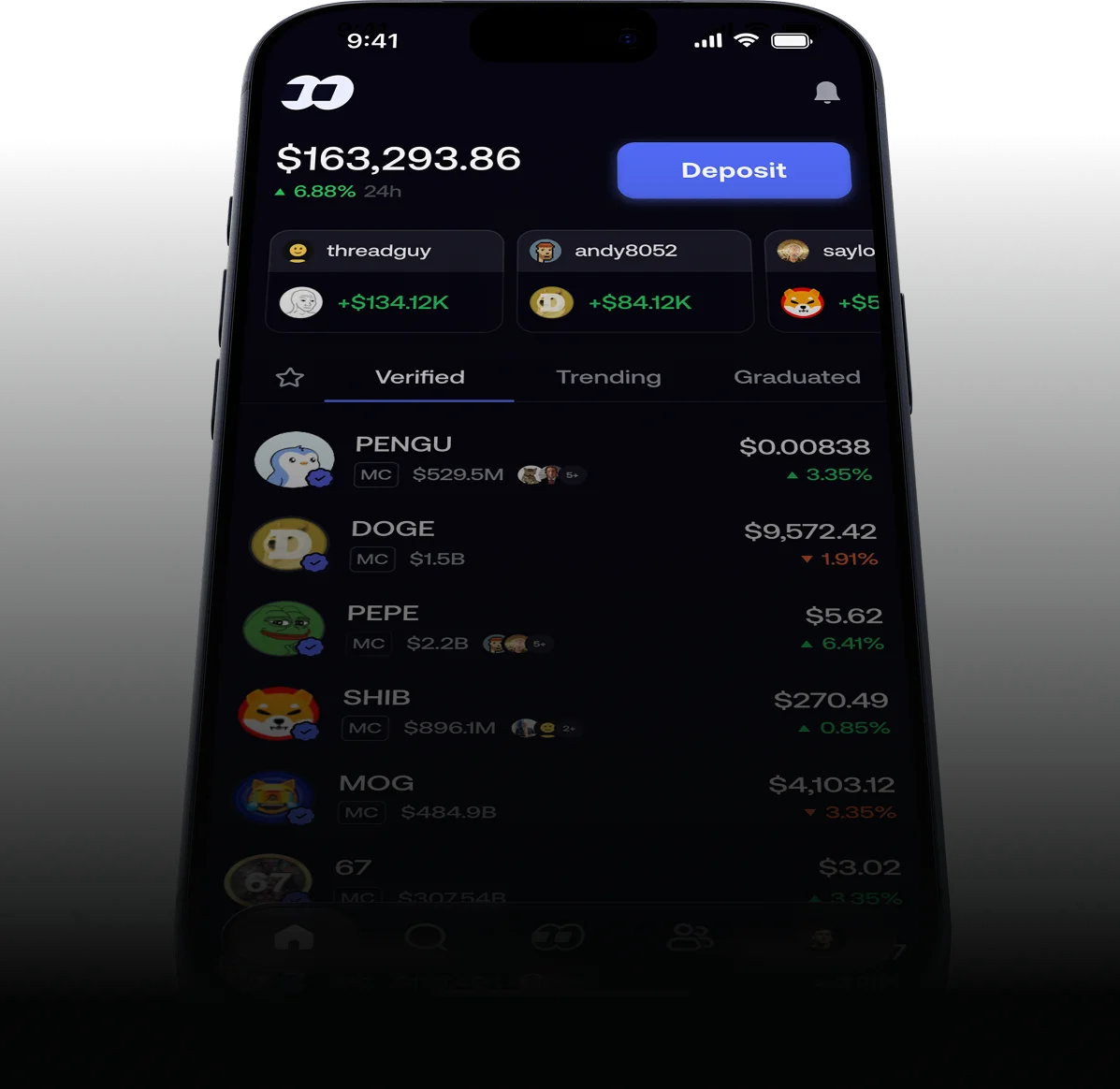 FOMO mobile app showing the trending token list